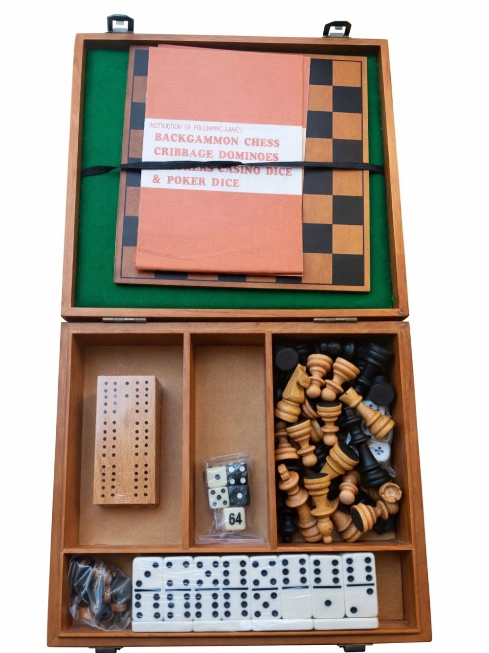 Vintage Wooden Game Set Chess Backgammon Cribbage Dominoes Dice Complete